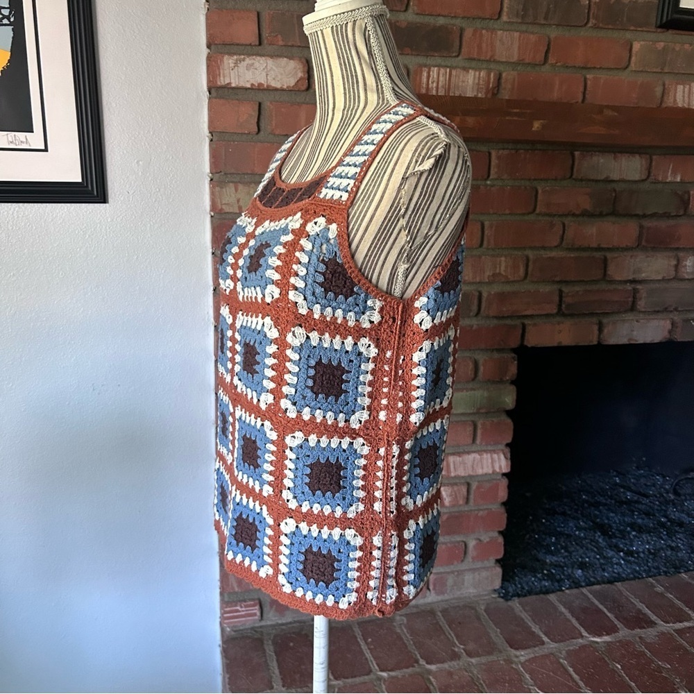 CATO Granny Square Crochet Tank Top Brown Blue Sz XS - Picture 3 of 7